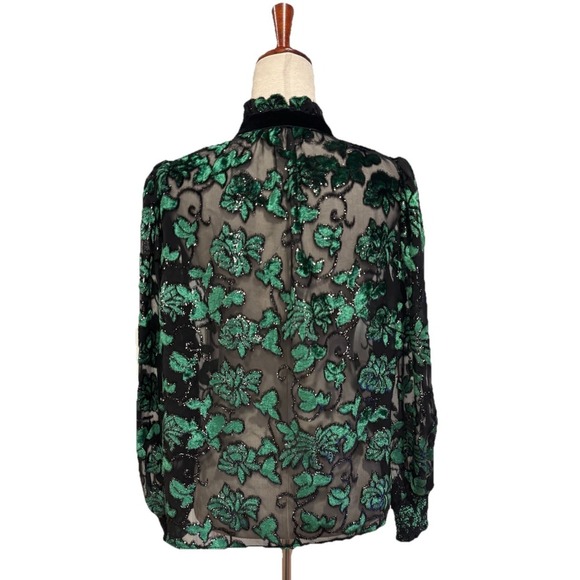 Alice + Olivia Zina Burnout Velvet Sheer Blouse In Black/Emerald Women's Large - Picture 7 of 14